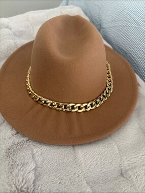 Stylish Brown Fedora with Gold Chain Trim